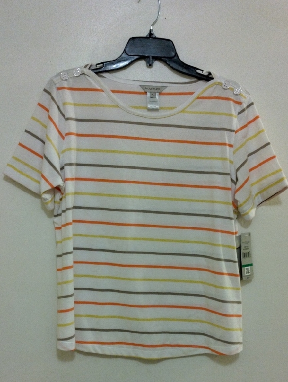 Multiples Cream Striped Short Sleeve Top with Yellow, Orange and Taupe Stripes L